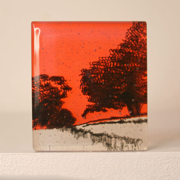 Helen Slater glass sculpture with black drawing of fern in coral and opaline glass