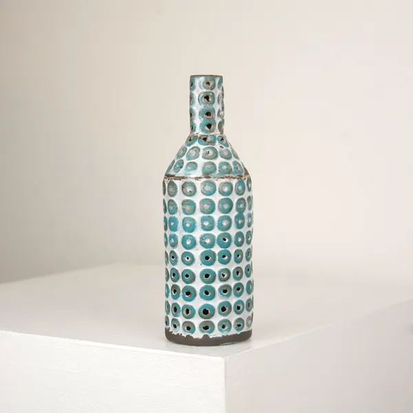 Elly Wall stoneware ceramic textured bottle with teal glaze