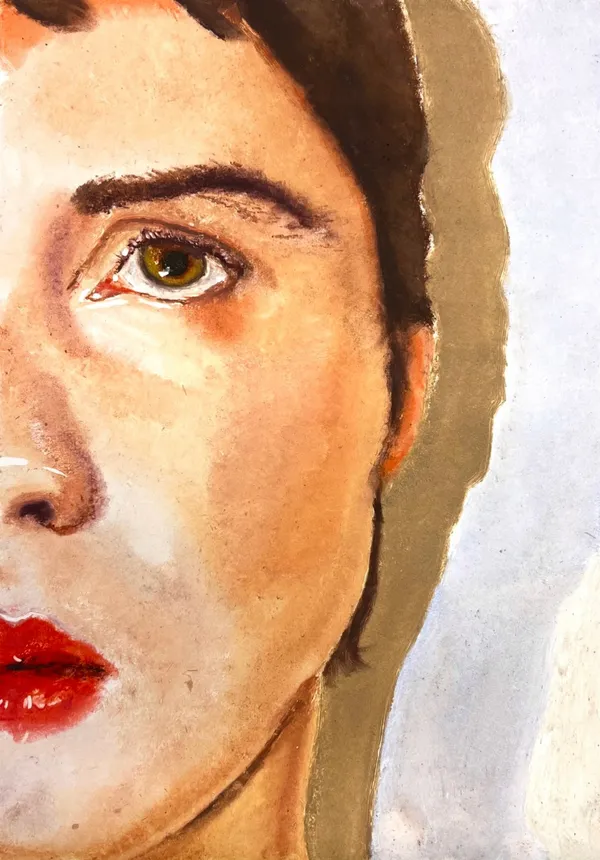 Erin Rosalie Thomas monoprint on paper of half a face looking upwards in a zoomed in perspective