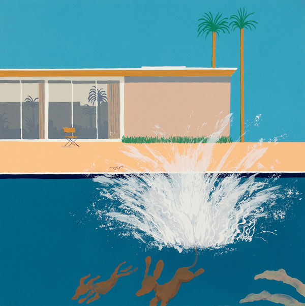 Mychael Barratt silkscreen print in the style of David Hockney of dachshunds jumping into a blue pool