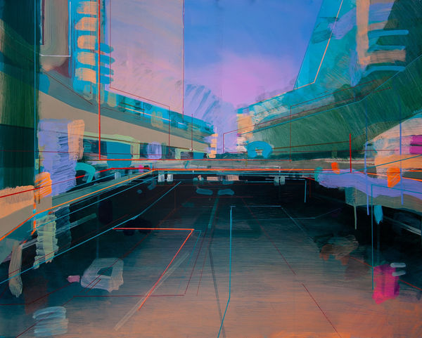 Christopher Farrell cityscape semi-abstract painting of Holborn in vibrant pinks, purples, blues and orange