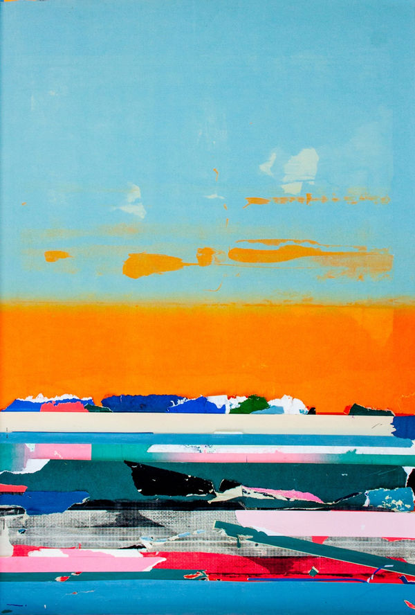 Angus Vasili mixed media collage of an abstracted landscape with layers of vivid orange, blue, pinks and green