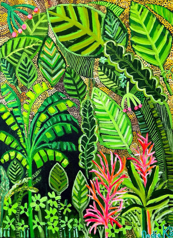 Nadia Koo painting of a variety of green foliage covering the composition, with pink flowers among the leaves