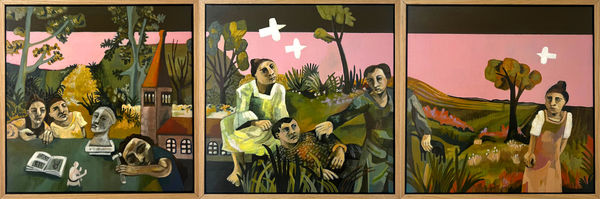 Charlie O'Sullivan figurative triptych showing a story - people are sat at a table in the first painting, three people are sitting on the grass or standing in the middle, while a lone figure stands in the right hand painting. The background is a light pin