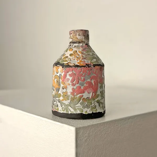 Elly Wall ceramic bottle vase with ornate patterns in colours pink, sage and orange
