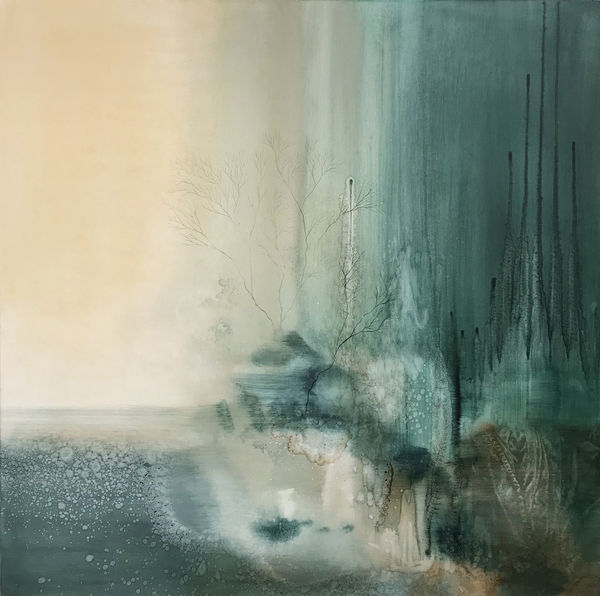 Amy Albright oil on canvas painting of an abstracted seascape painted in tones of turquoise, ivory and grey.