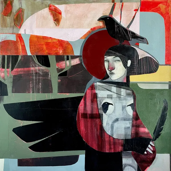 Letitia Thompson acrylic on board painting of a figure emerging from abstracted shapes with a crow on her head in colours black, red, blue and green