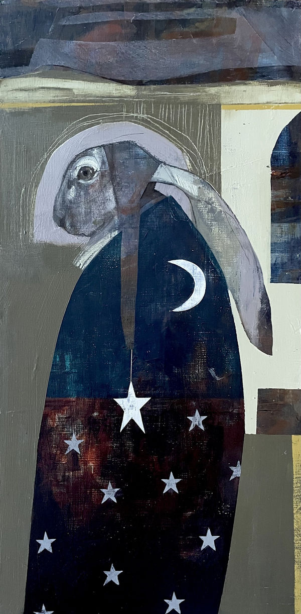 Letitia Thompson painting of a hare with a cloak covered in stars wrapped around it