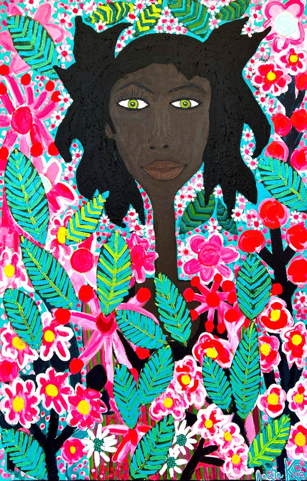 Nadia Koo portrait painting of an array of green and pink foliage, with a woman's head poking out amongst it with green eyes