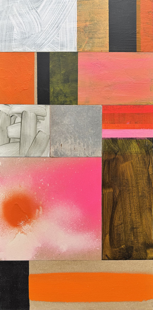 Emma Davis abstract painting of rectangular shapes, in colours pink, red, black and orange