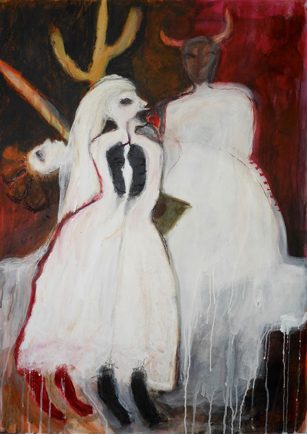 Rebecca Swainston painting of two bright white figures, one with black longs and the other with a horned mask, stood side by side in ceremony