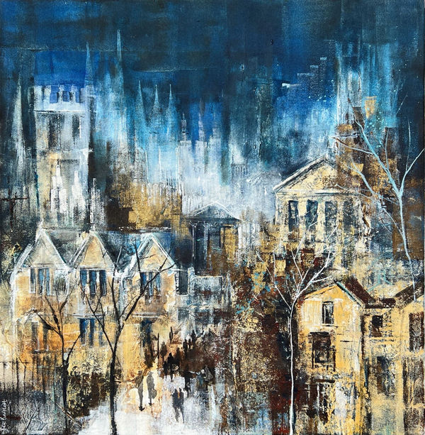 Bee Bartlett mixed media on canvas semi-abstract landscape of Oxford colleges and figures seen walking amongst the buildings
