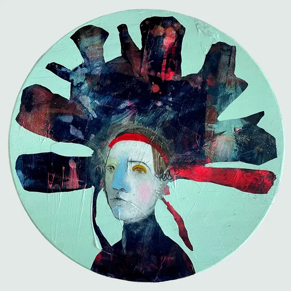 Letitia Thompson circular painting of a portrait with abstracted hair, in blues, red and blacks