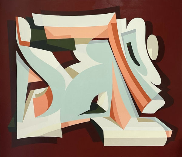 Kleiner Shames abstracted painting in colours maroon, blue, pink and green