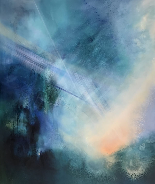 Amy Albright abstracted landscape painted in tones of blue, orange and turquoise with a bight flash of white light disrupting the centre.