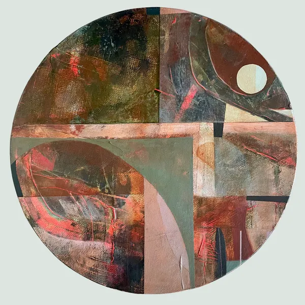 Letitia Thompson circular painting of an abstracted moonlit landscape in colours blue, red and green