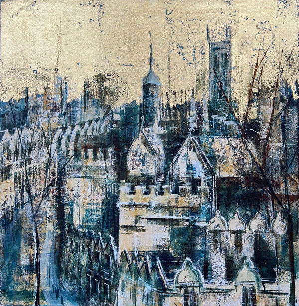 Bee Bartlett mixed media on canvas semi-abstract landscape of Oxford skyline, showing Magdalen tower and other colleges in the background in autumnal colours and gold leaf