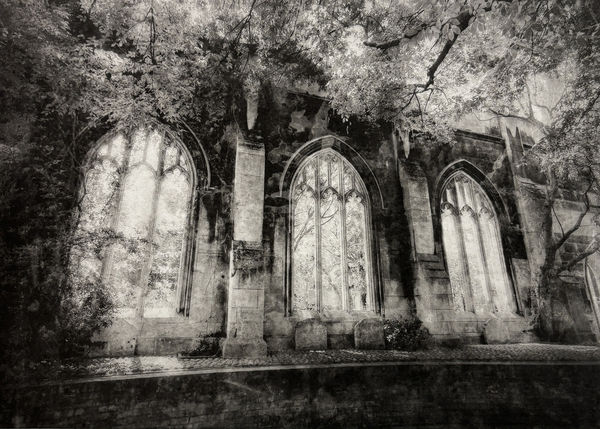 Lindsey Moran photogravure monochrome print of the window exterior of a gothic building