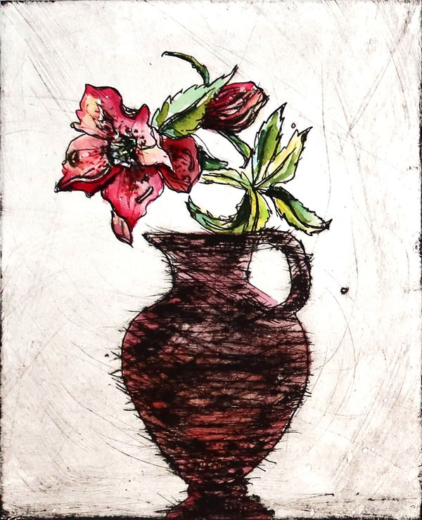 Vicky Oldfield collagraph print of a red flower in a drawn terracotta vase