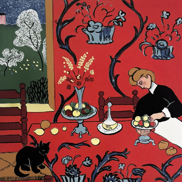 Mychael Barratt Silkscreen print from his series Artists Cats and Dogs of Matisse style red room with a figure and a cat