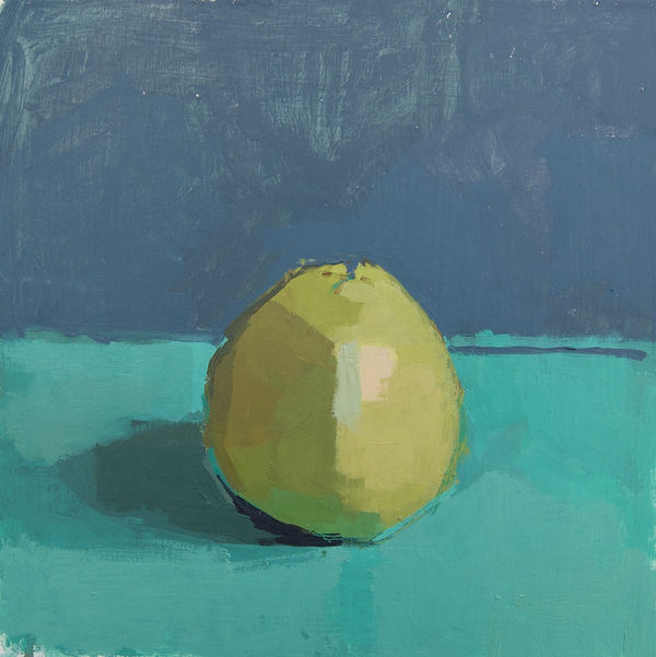 Sarah Spackman still life painting of a guava on a green and grey background