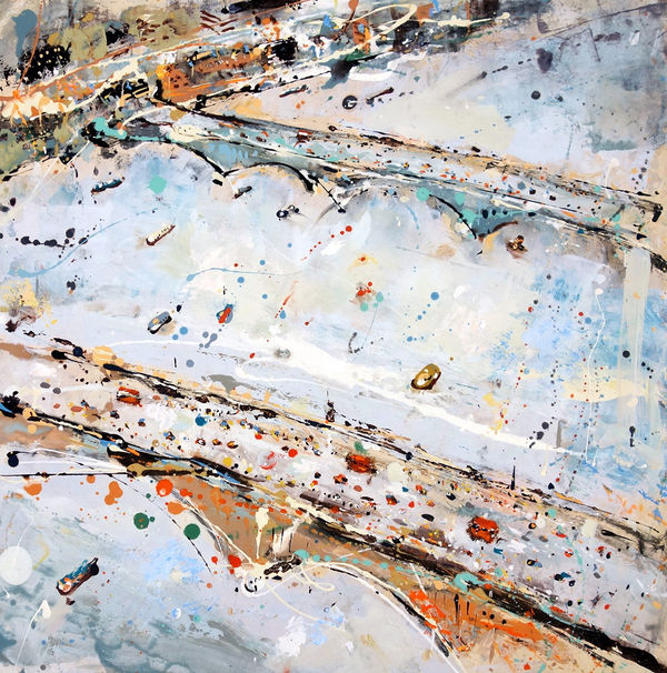 Andrew Hood semi-abstracted landscape in splatter style paint marks overlooking the London Thames & bridge