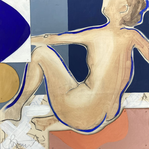 Clare Bonnet nude female figure seated with her back turned towards the viewer against a background of geometric shapes in blue, green and pinks..