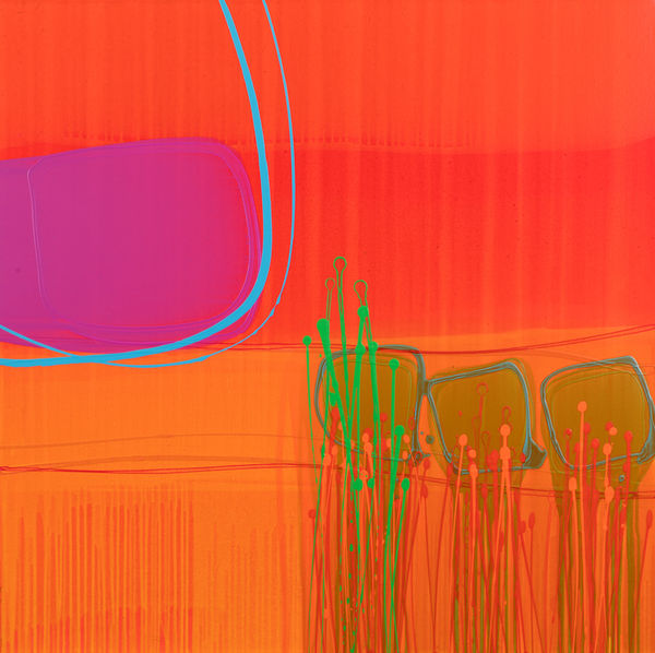 Charlotte Cornish abstract painting showing translucent layers of the colours orange, red, pink, and green