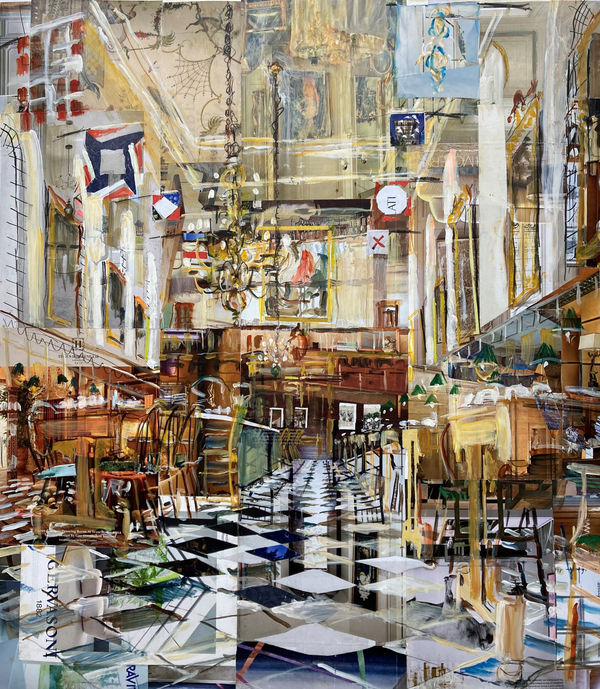 Alison Pullen Painting Sarah Wiseman Gallery of a grand hall with flags and black and white tiled floor