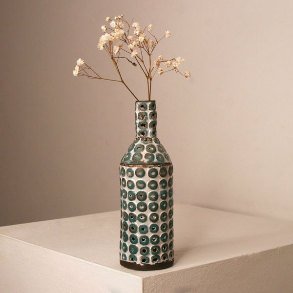 Elly Wall stoneware ceramic textured bottle with teal glaze