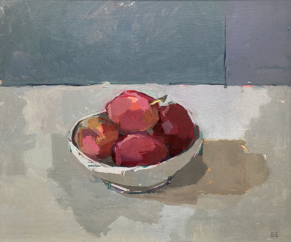 Sarah Spackman still life of four red plums resting in a grey dish. Painted in figurative brush strokes, the surface is in pale greys while the background is deep steel greys.