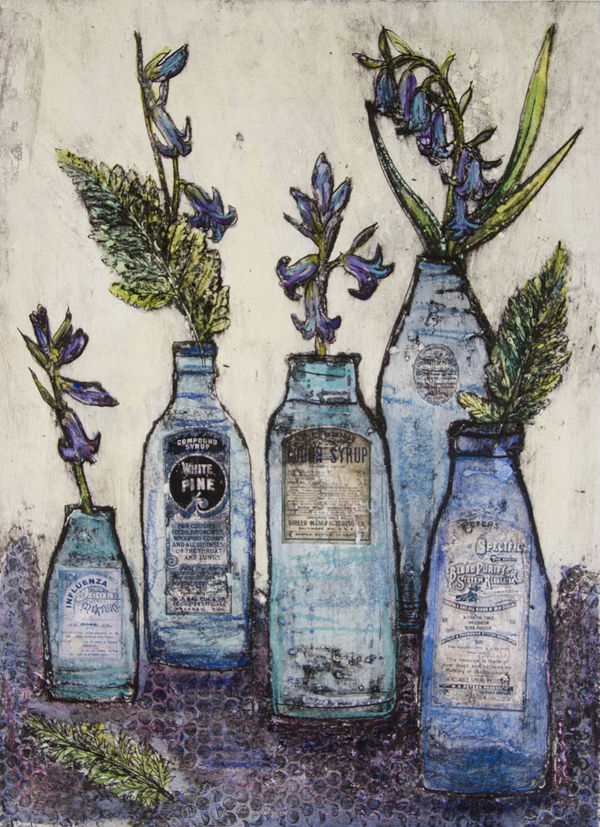Vicky Oldfield print of An arrangement of five blue glass bottles with stems of blue flowers and foliage.