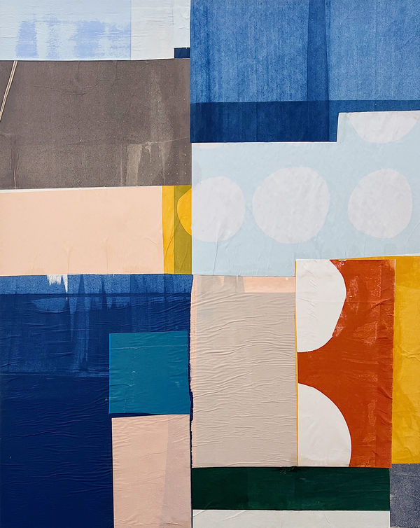 Jonathan Lawes mixed media collage of abstracted shapes in reds, yellow, blues and pinks