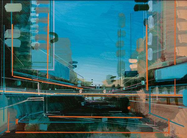Christopher Farrell semi-abstract cityscape painting of a London underpass in vibrant blues and orange