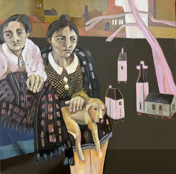 Charlie O'Sullivan painting of two figures seated, with a blonde dog on their lap and houses in the background