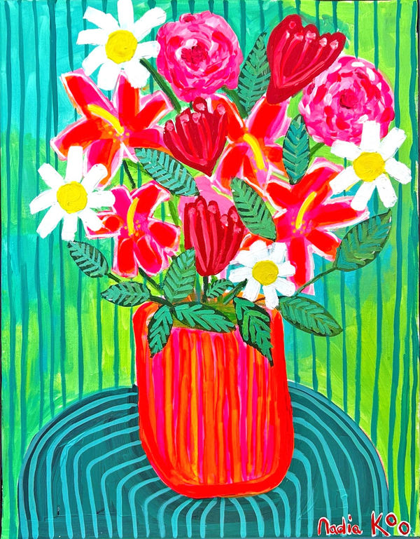 Nadia Koo still life painting of a floral arrangement in a red striped vase against a turquoise striped background