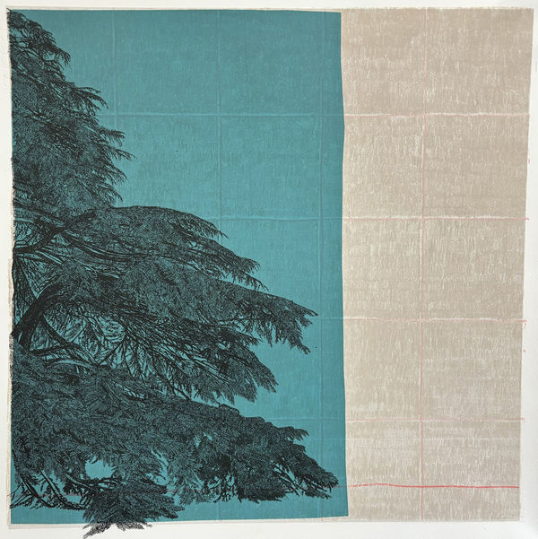 Clare Halifax silkscreen print of the side of a tree, in black, turquoise and pink