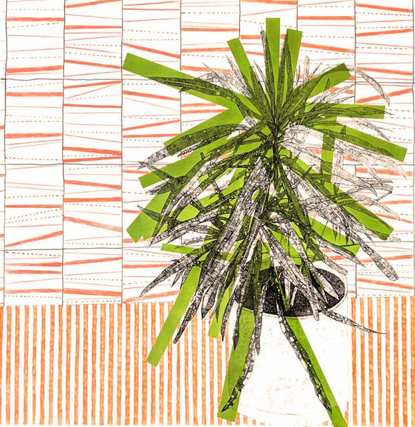 Clare Halifax mixed media piece in a collage style of a Croton plant study on a pencil coloured striped tile background.