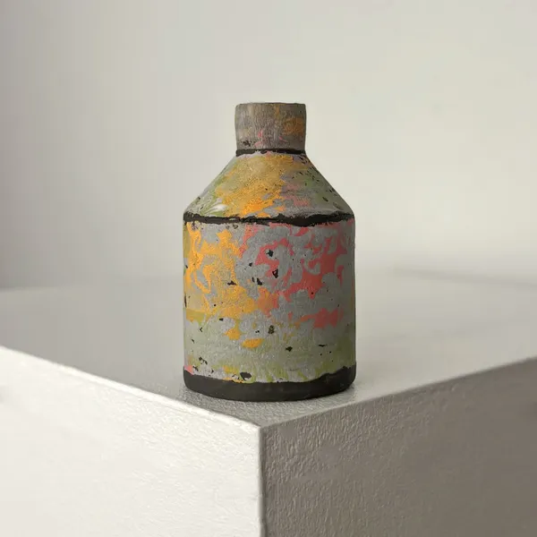 Elly Wall ceramic bottle vase with ornate patterns in colours pink, sage and orange