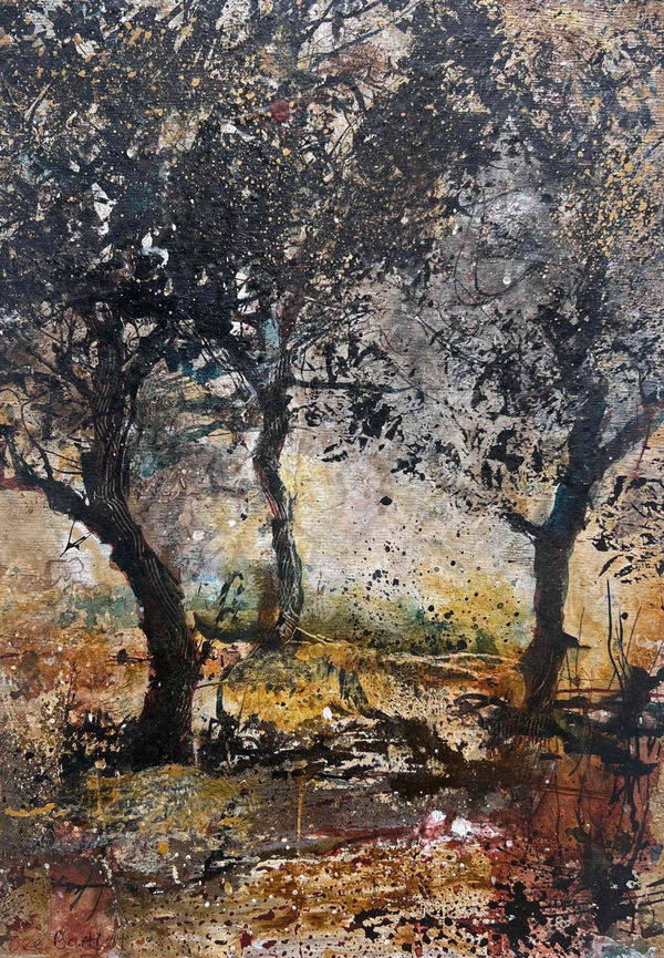 Bee Bartlett mixed media on board painting showing the landscape view of an olive garden. Surrounded by Olive trees, the textured brushstrokes are painted in deep autumnal hues.