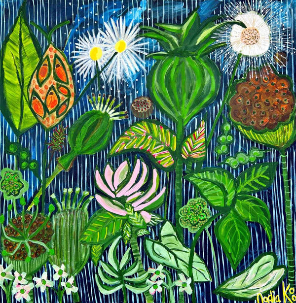 Nadia Koo painting of an array of flora, against a pinstriped navy background