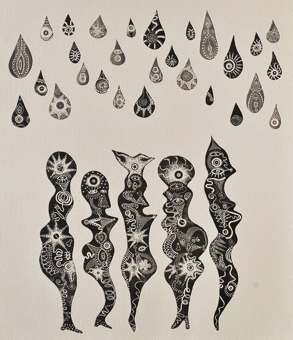 Trevor Price highly detailed drypoint engraving in black and white, showing large raindrops hovering over abstract figures with intensely detailed star patterns within them.