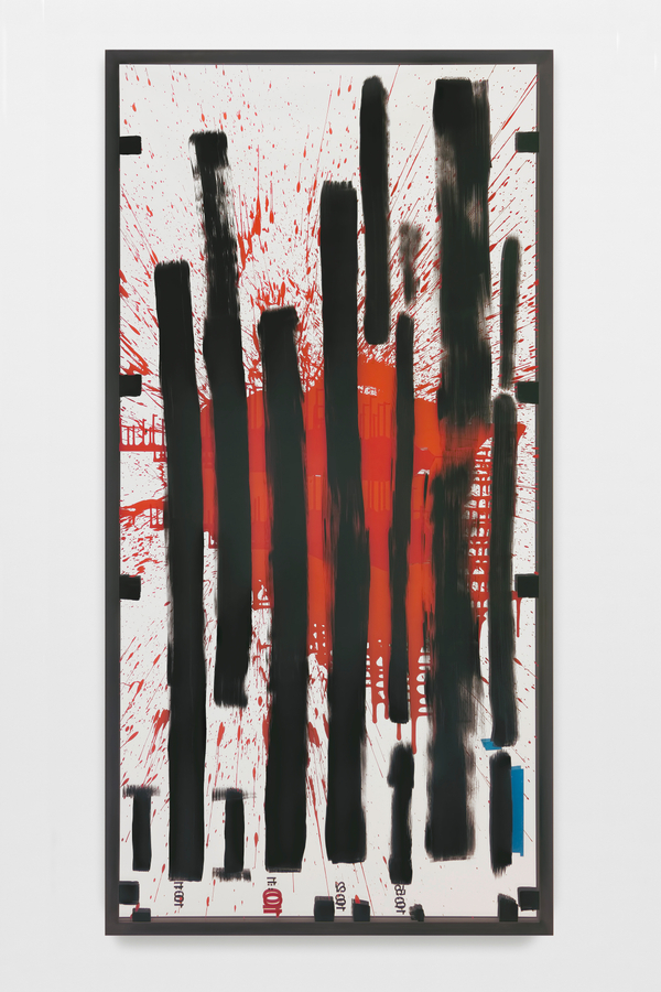 Josephine Meckseper FILMTRACT NO. I2015 Acrylic sheeting, acrylic paint, tape, vinyl, blackened, patinated, aluminium frame 96 3/8 x 48 3/8 x 2 1/2 in 244.8 x 122.9 x 6.4 cm