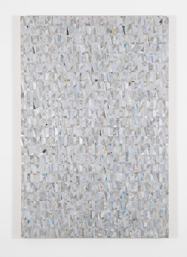 Gabriel de la Mora PAI / 3072-I f2015 Discarded aluminium plate from offset printing press, mounted on wood 70 ⅞ x 47 ¼ x 2 ⅜ in. (180 x 120 x 6 cm)