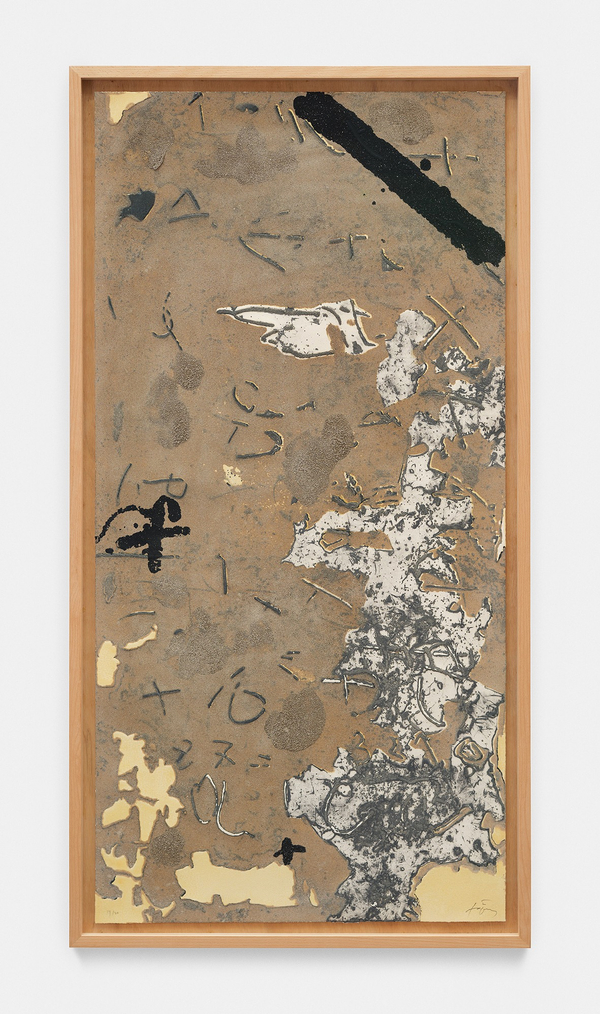 Antoni Tàpies Graffiti sobre ciment1990 Edition 14 of 30 Etching and silkscreen print in several inks (black, grey, white, and cement) 54 7⁄8 x 27 1⁄8 in. (139.5 x 69 cm) Framed: 57 5⁄8 x 30 1⁄4 in. (146.5 x 77 cm)