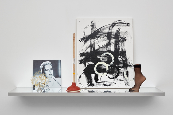 Josephine Meckseper Basic Instinct2017 Acrylic on canvas, toilet plunger, wire sculpture, stainless steel stand, wood, on MDF shelf laminated with aluminum and steel bracket 31 1/2 x 60 x 14 in 80 x 152.4 x 35.6 cm