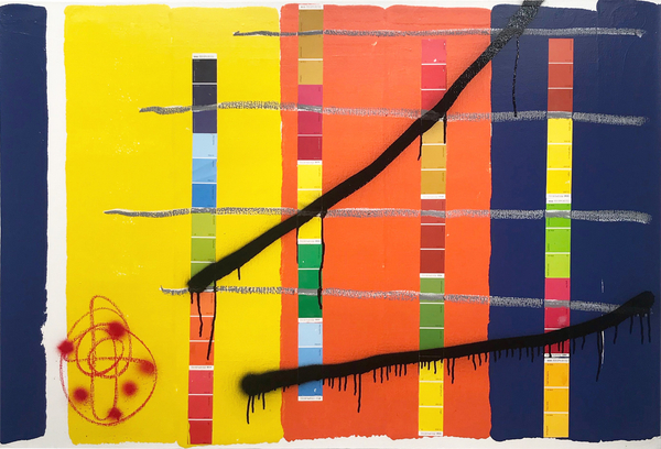 Rick Briggs Don’t Worry Baby2020 Alkyd house paint, spray paint, color swatches, oil stick on canvas 37 x 54 in 94 x 137.2 cm