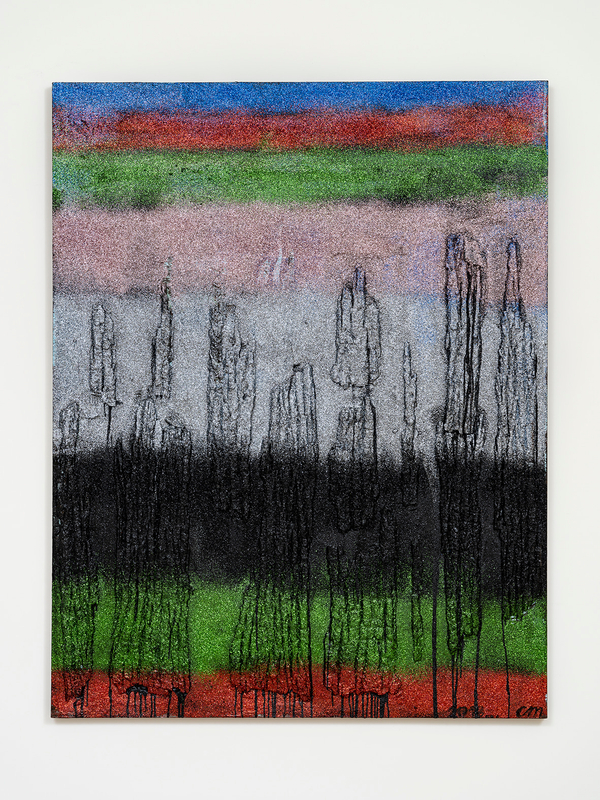 Chris Martin Light in the Forest2017 - 2018 Acrylic, Oil, Glitter and collage (bark) 77 x 60 in. / 195.6 x 152.4 cm