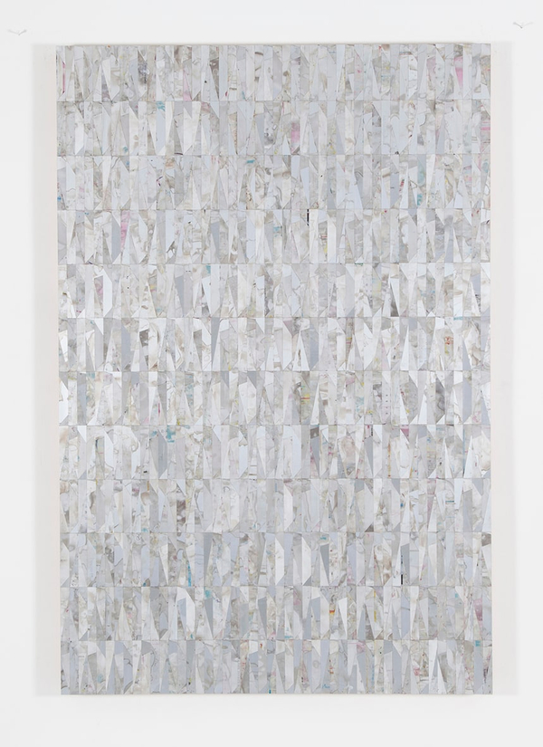 Gabriel de la Mora PAI / 1728-I f2015 Discarded aluminium plate from offset printing press, mounted on wood 70 7/8 x 47 1/4 x 2 3/8 in. / 180 x 120 x 6 cm