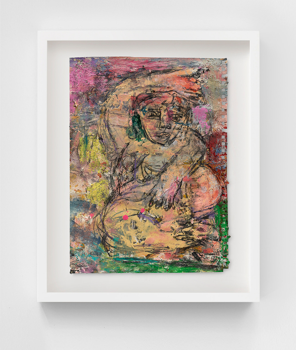 Daniel Crews-Chubb Belfie (yellow, pink, green, red)2021 Oil bar, pastel, charcoal, ink, spray paint and pen on paper Unframed dimensions: 11 ¾ x 15 ¾ in. (30 x 40 cm)